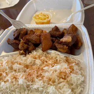 Griot, white rice (gravy not pictured) &amp; pikliz...no sos pwa for me