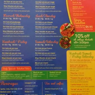 Menu Specials and Drinks