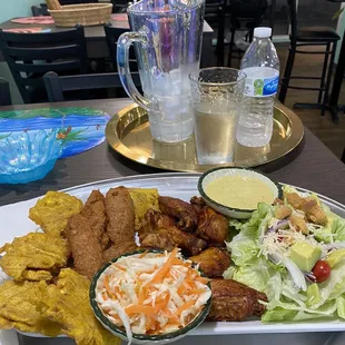 Chicken and salad and plantains and deliciousness