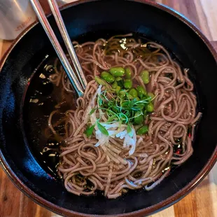 Chilled Soba and Dashi Broth. $12. Edamame, daikon radish, ginger.