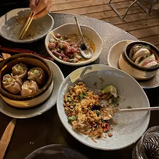 Ceviche, fried rice, shu mai