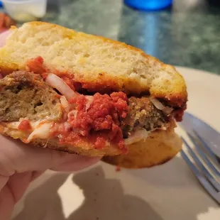 Inside the meatball hoagie