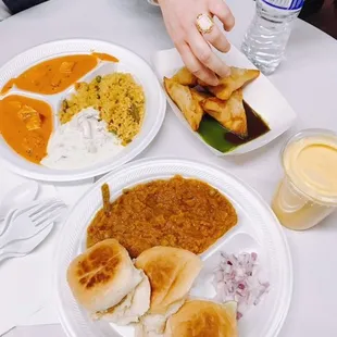 Top: paneer makhani, biryani and raita Bottom: Pav Bhaji Samosas and Mango Lassi!