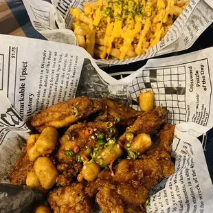 Spicy Soy Fried Chicken and Kimchi cheese fries! A must!!