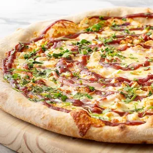 Smoked Out- roasted chicken, smoked bacon, red onion, cilantro, mozzarella, bbq sauce