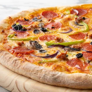 Fuggetaboutit-pepperoni, house-made hot sausage, mushroom, red onion, peppers, olives, mozzarella, tomato sauce