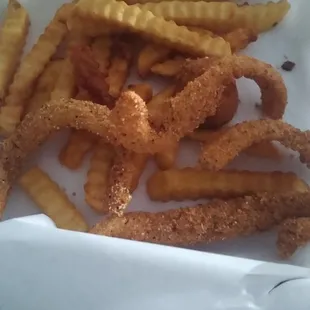 Fish Strips, fries, two Hush puppies