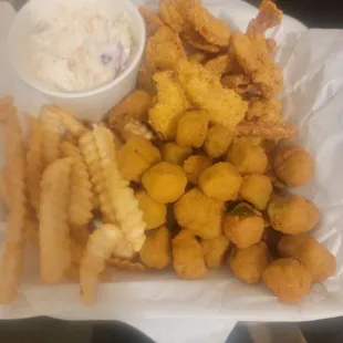 Shrimp, fries, okra &amp; coleslaw