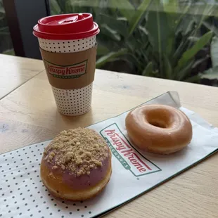 original glazed and blueberry crisp donut with a ghirardelli hot chocolate