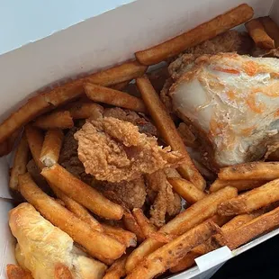 Fries and Chicken with Biscuit