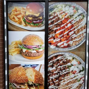 Chicken over rice &amp; chicken and lamb over rice &amp;cheese burger &amp; shrimp cheese steak &amp; waffle sandwiches &amp; grilled chicken salad