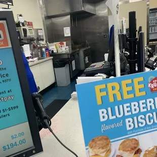 a free blueberry biscuit sign