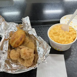 Honey Butter Fried Shrimp, Honey Butter Biscuit, and Mac &amp; Cheese