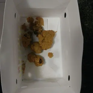 This is what was in my chicken bite box when I opened it. Like this had to be a joke. The pieces look lile fried boo boo up close.