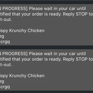a text message from krispy krunchy chicken