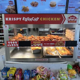 Freshly fried chicken, biscuits and potato wedges.