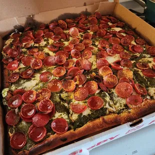 Pesto Roni pie, with extra pesto and exXtra pepperoni...to die for
