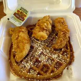 Chicken tenders and a waffle.