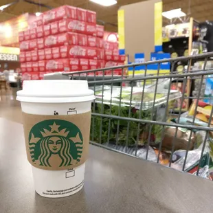 Starbucks coffee and groceries go together well.