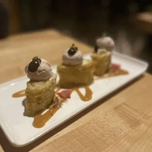 TEMPURA CHEESECAKE Peach, chocolate, Almond, Bing Cherry ice cream