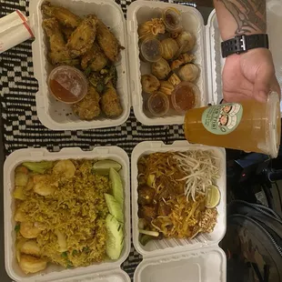 1. Pad Thai, 9. Pineapple Fried Rice, 5. Garlic Wings, 13. Money Bag, Thai Ice Tea