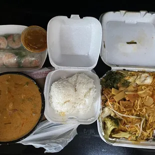 39. Panang Curry with chicken, 2. Summer Rolls, and 51. Pad Thai with tofu and veggies