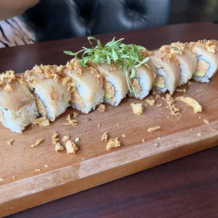 Dodger's Roll - spicy crab, cucumber, avocado, fresh yellowtail &amp; crispy onions