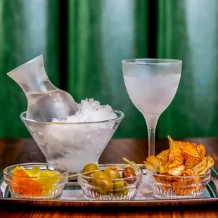 a tray of food and drinks