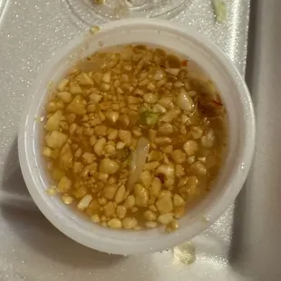 The dipping sauce for the spring rolls: so good I don't want to waste any. What's left goes onto my rice!!