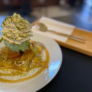 Matcha ice cream with brick toast