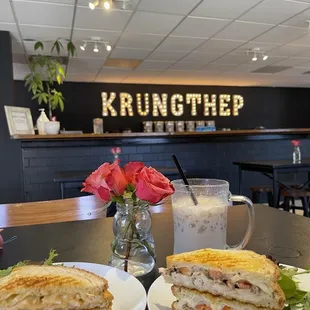 Tom Yum Goong Sandwich and Gra-Prow Chicken sandwich with Cha Nom