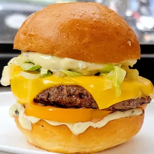 Summer Burger: Angus Beef, American Cheese, Pickled Tomato, Shredded Iceberg &amp; Hot Honey, Tarragon Aioli