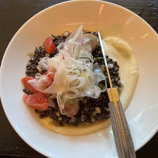 House-Made Chicken Sausage OLIVE &amp; PISTACHIO, BELUGA LENTILS. CELERY ROOT PUREE, ORANGE &amp; FENNEL SALAD