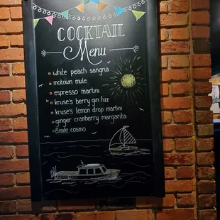 Current Fall Cocktail Menu upon walking inside Kruse And Muer Restaurant. Sunday 9/17/2023