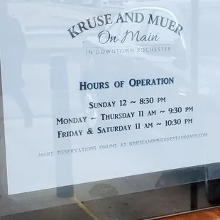 Hours of Kruse and Muer On Main in Downtown Rochester.  Sunday 9/17/2023