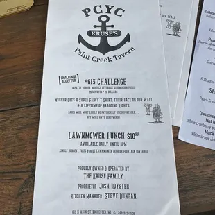 Current menu 9/25/24  Lawnmower Lunch is a great deal! $10.99= American cheese burger, fries and pop or 16oz draft beer.