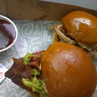 1 salmon burger one beef burger