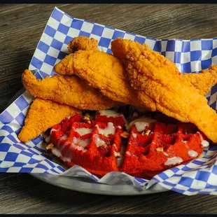 Red velvet waffle and fried battered fish