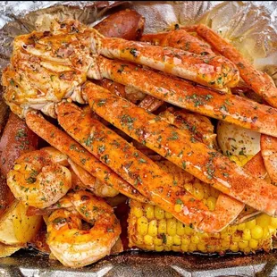 Crab legs with corn and shrimp.  My friend couldn't get enough