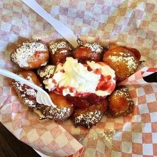 Strawberry funnel cake and Deep fried cheesecake.