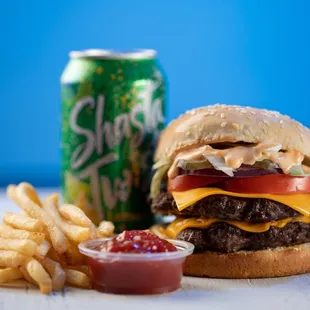 a hamburger and fries