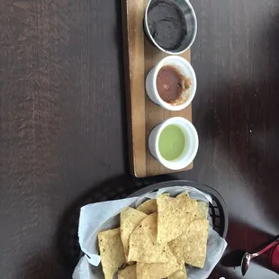 4/15/18 free chips, green salsa (spicy), red salsa (mild), black bean dip