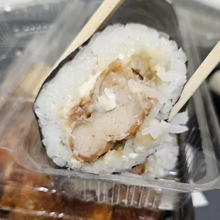 Close up of the chicken sushi,  woo can you see the mayo oozing out...