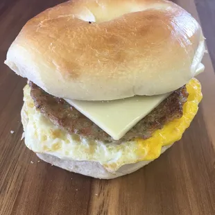 Sausage, egg, &amp; cheese bagel sandwich.