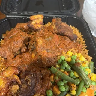 Jollof Rice With Baked Chicken, Plantain, Vegetables