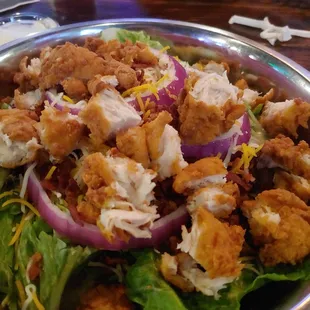 Grilled chicken salad. Its huge! The server apologized and brought me grilled chicken.