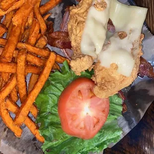 CHICKEN CORDON BLEU SANDWICH with sweet potato fries
