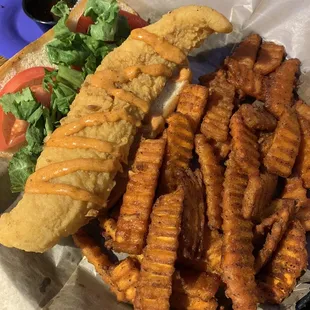 Fish sandwich with sweet potato fries