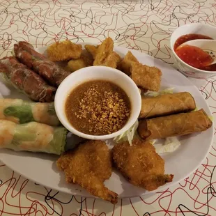 Appetizer Sampler includes spring rolls, egg rolls, calamari and crispy shrimp - Photo taken 12/28/2019