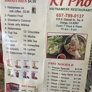 Menu they put in the to go bag